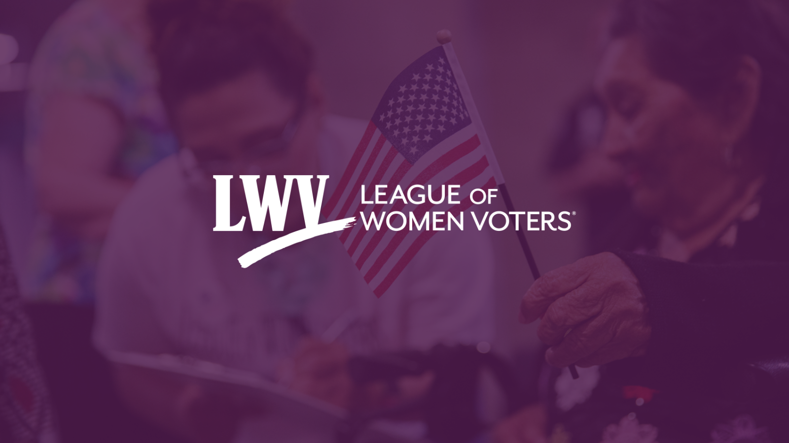 People registering to vote with a purple overlay and the white LWV logo centered